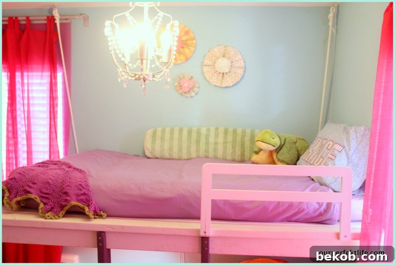 An innovative hanging loft bed design for a child's bedroom.