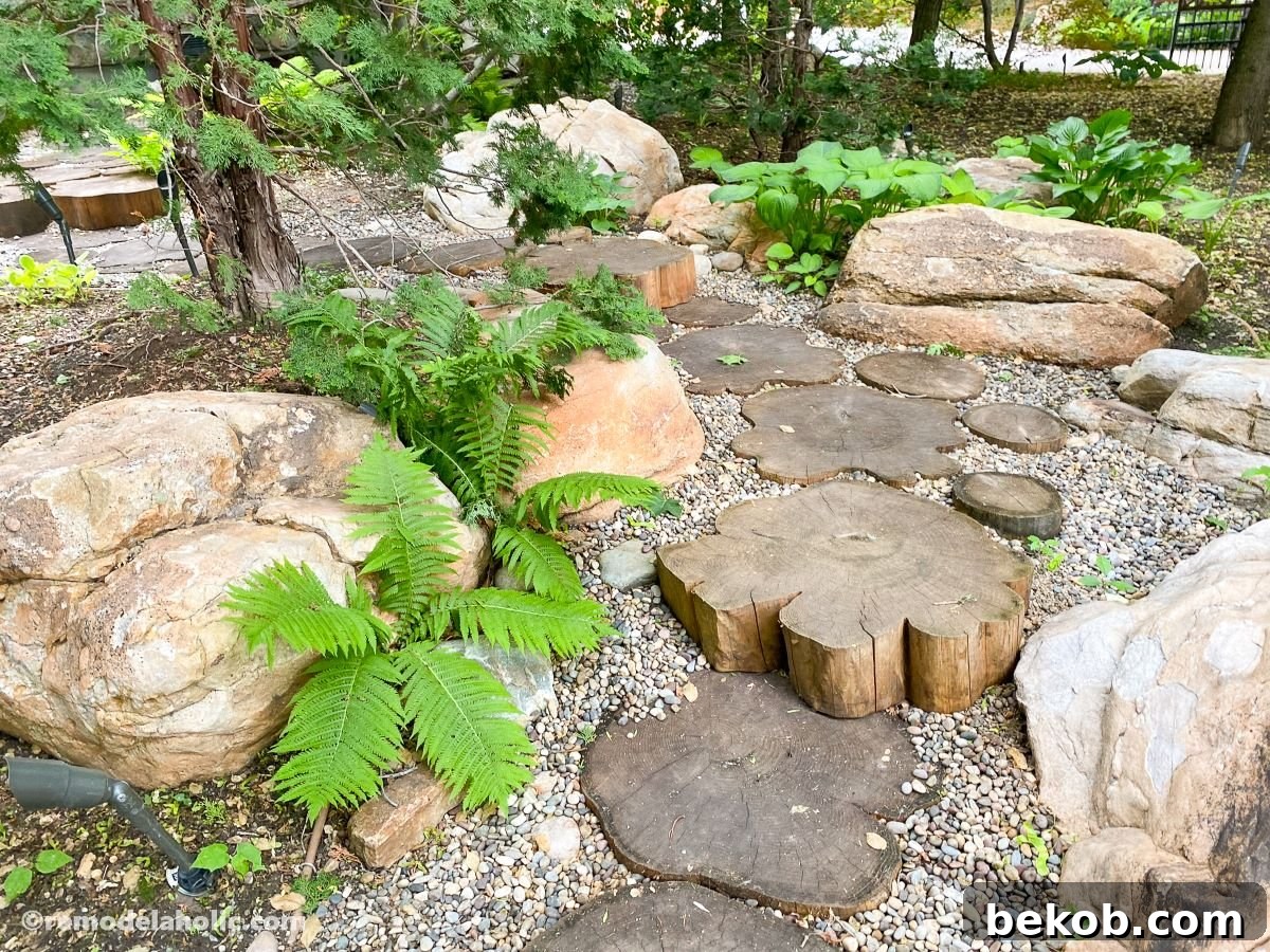 Log slice steps in a garden path
