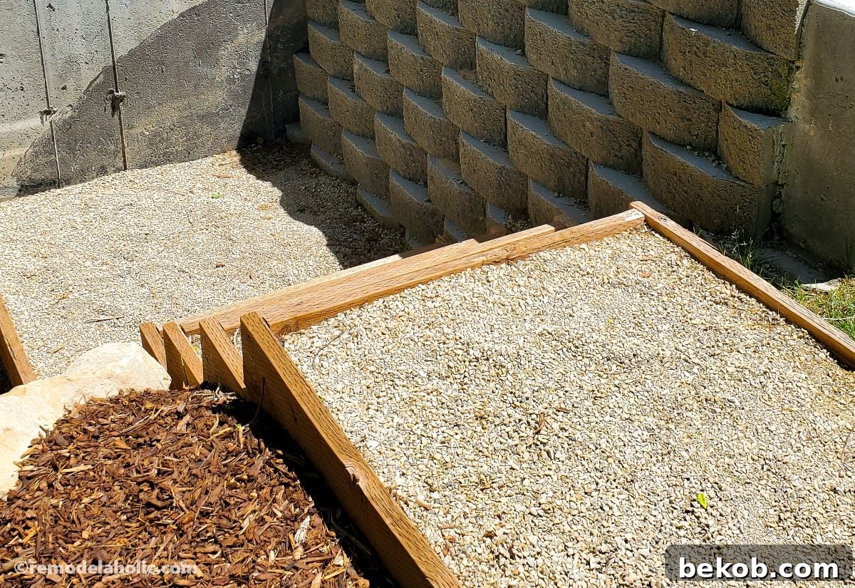 Wood-framed pea gravel path