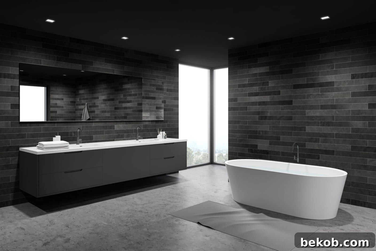 Luxurious bathroom with a dark and moody color scheme and elegant fixtures