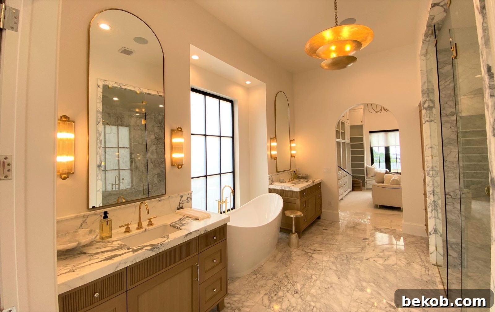 Modern bathroom featuring a stylish organic wood vanity unit
