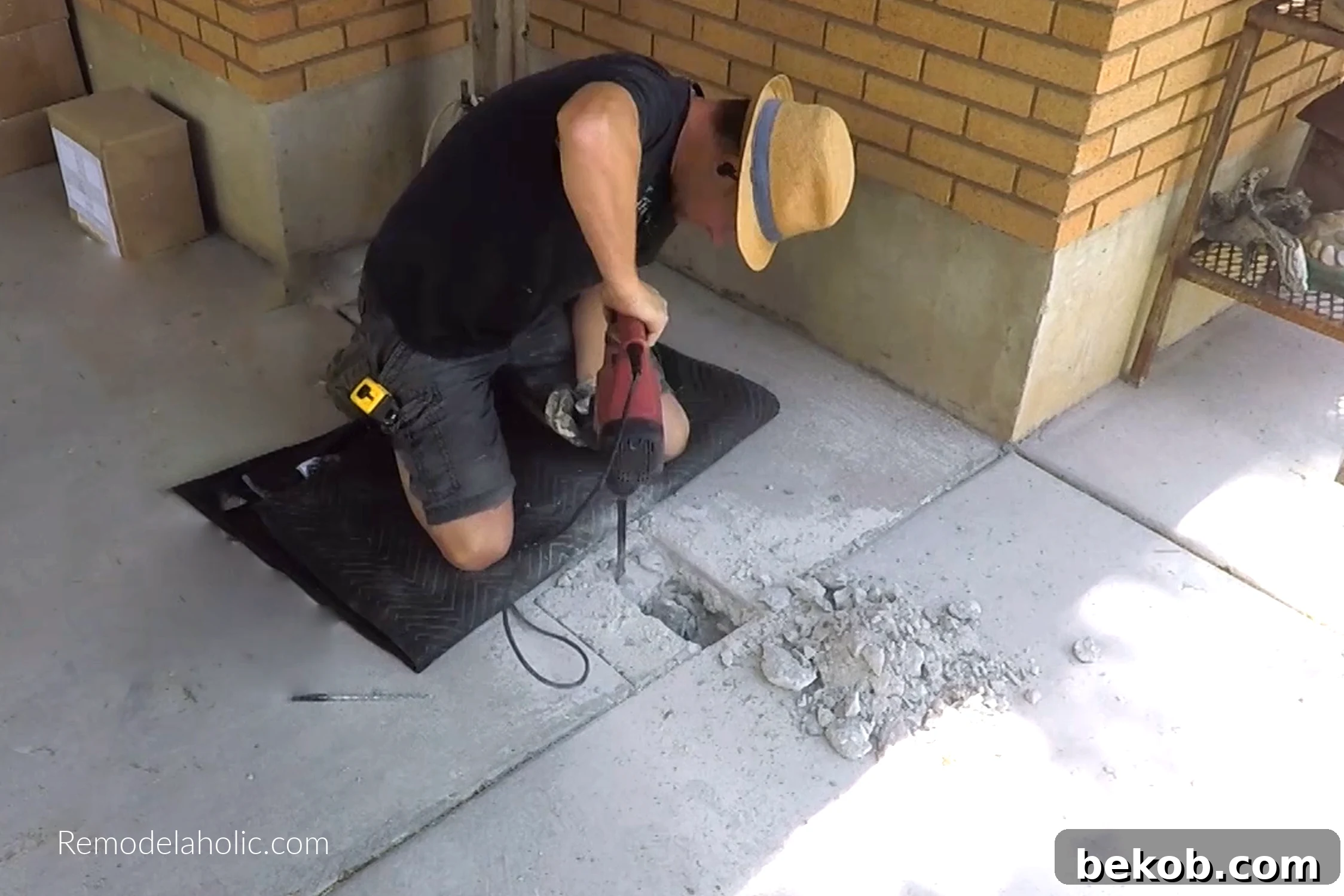 Using an angle grinder and hammer drill to cut a hole in concrete.
