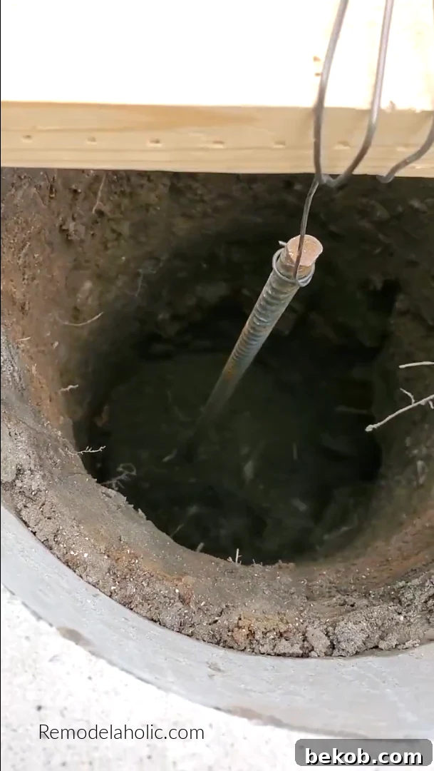 Suspended rebar for pergola poured concrete footings in an existing patio.