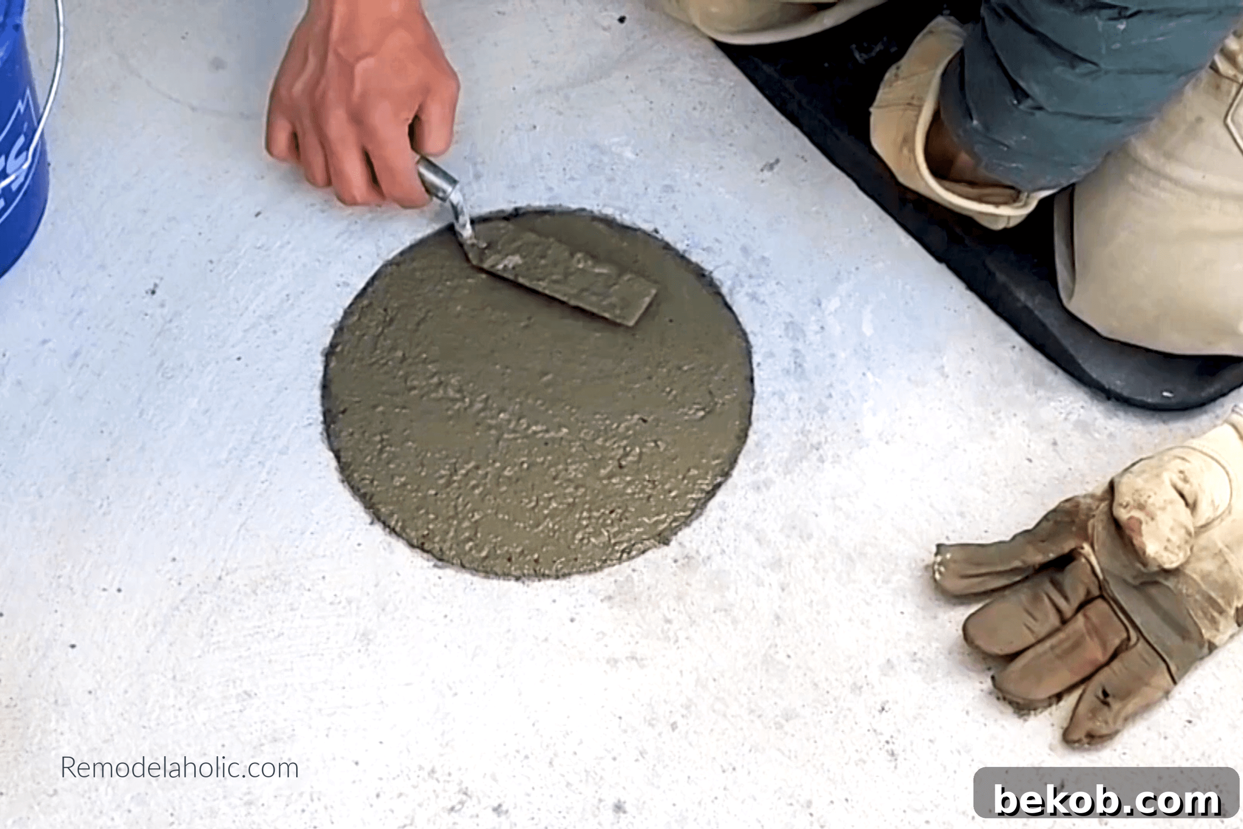 Using a trowel to finish the top of poured concrete footings in an existing concrete patio.