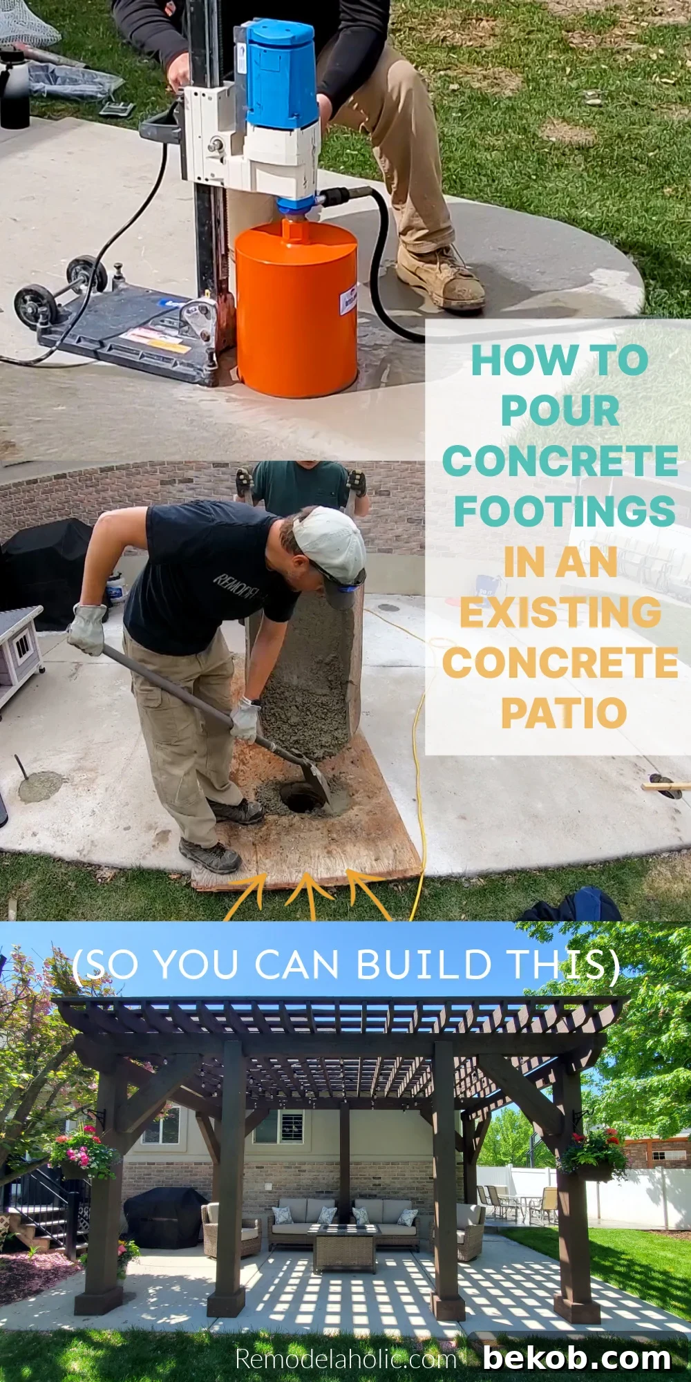 Step-by-step guide on how to pour concrete footings into an existing patio to build a large wood pergola, from Remodelaholic.