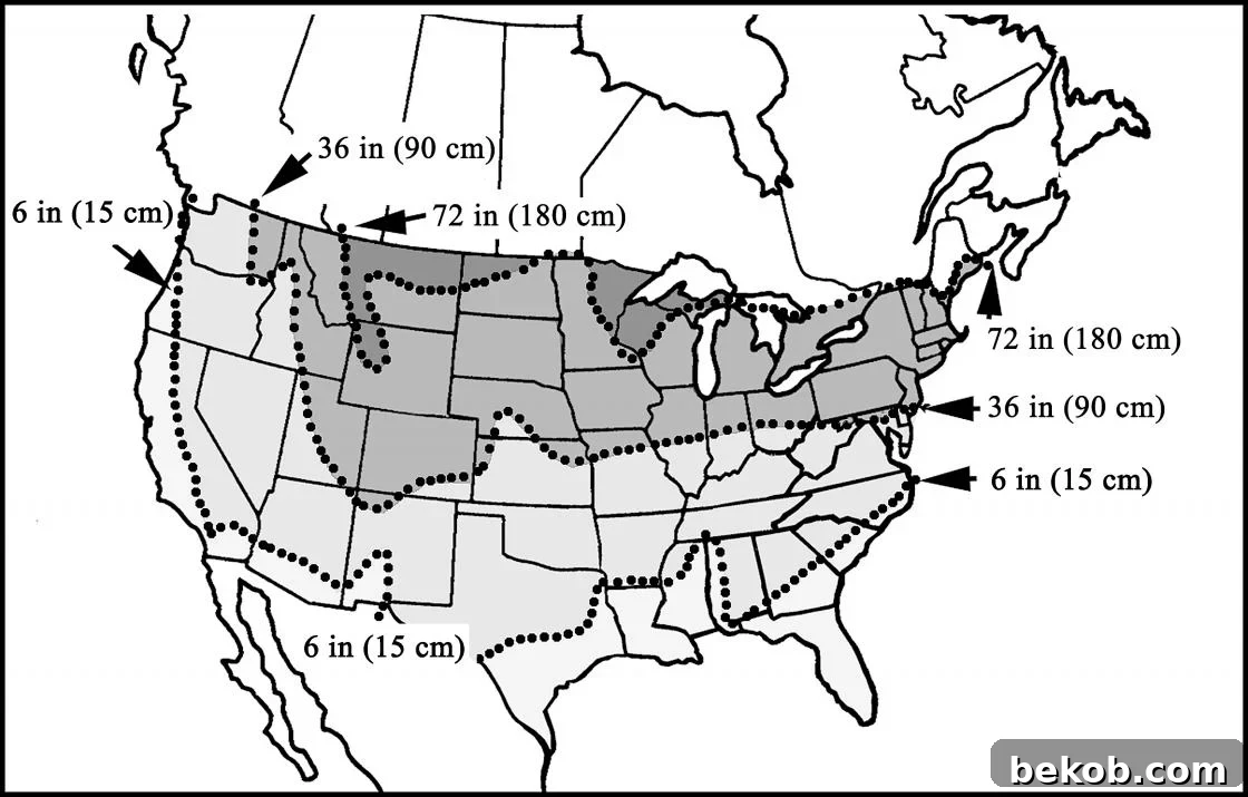 Map illustrating frost depth lines across various regions from NSIDC.