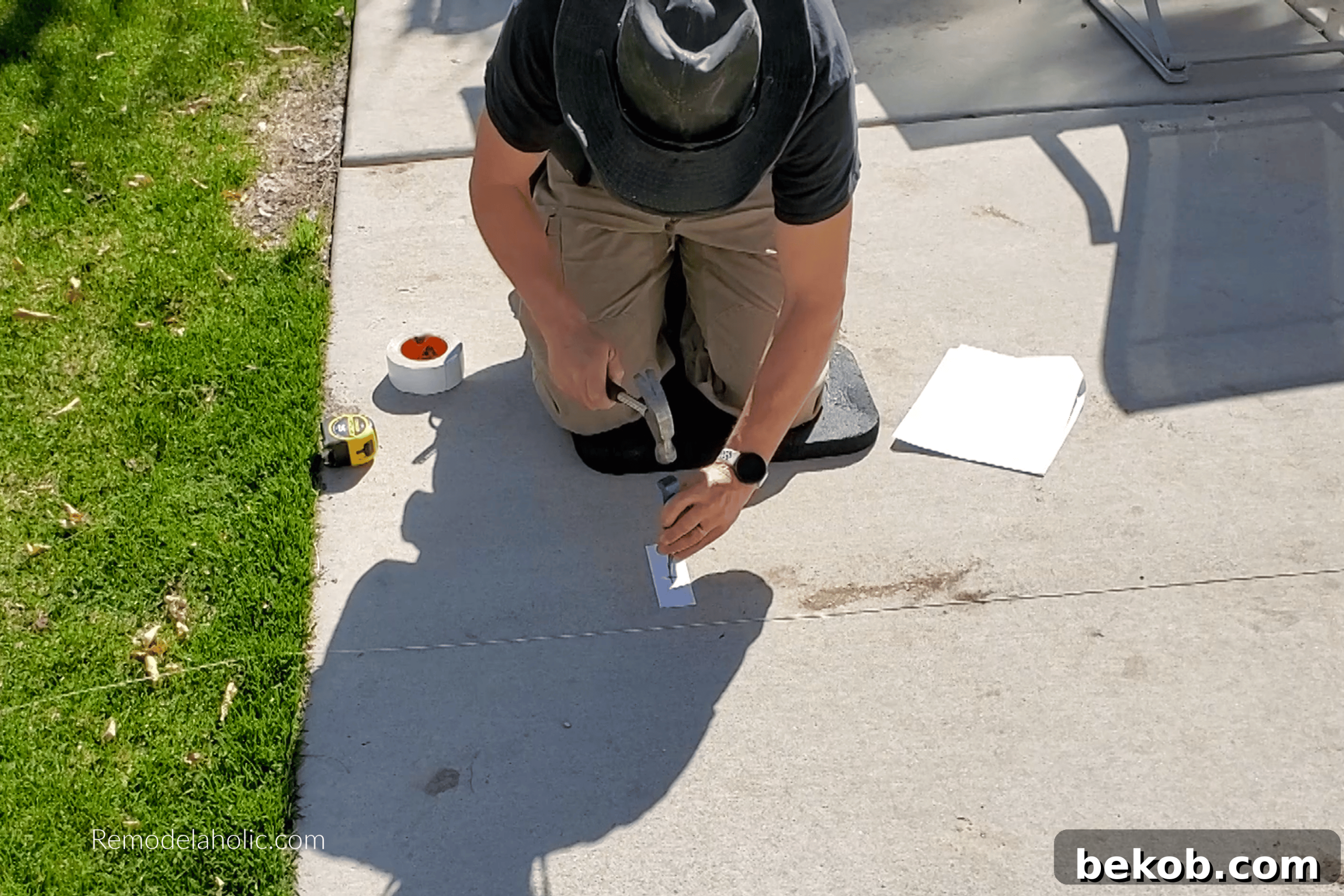 How to accurately mark pergola footing locations on a concrete patio.