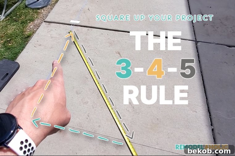 Diagram illustrating the 3-4-5 rule for ensuring a square project layout.