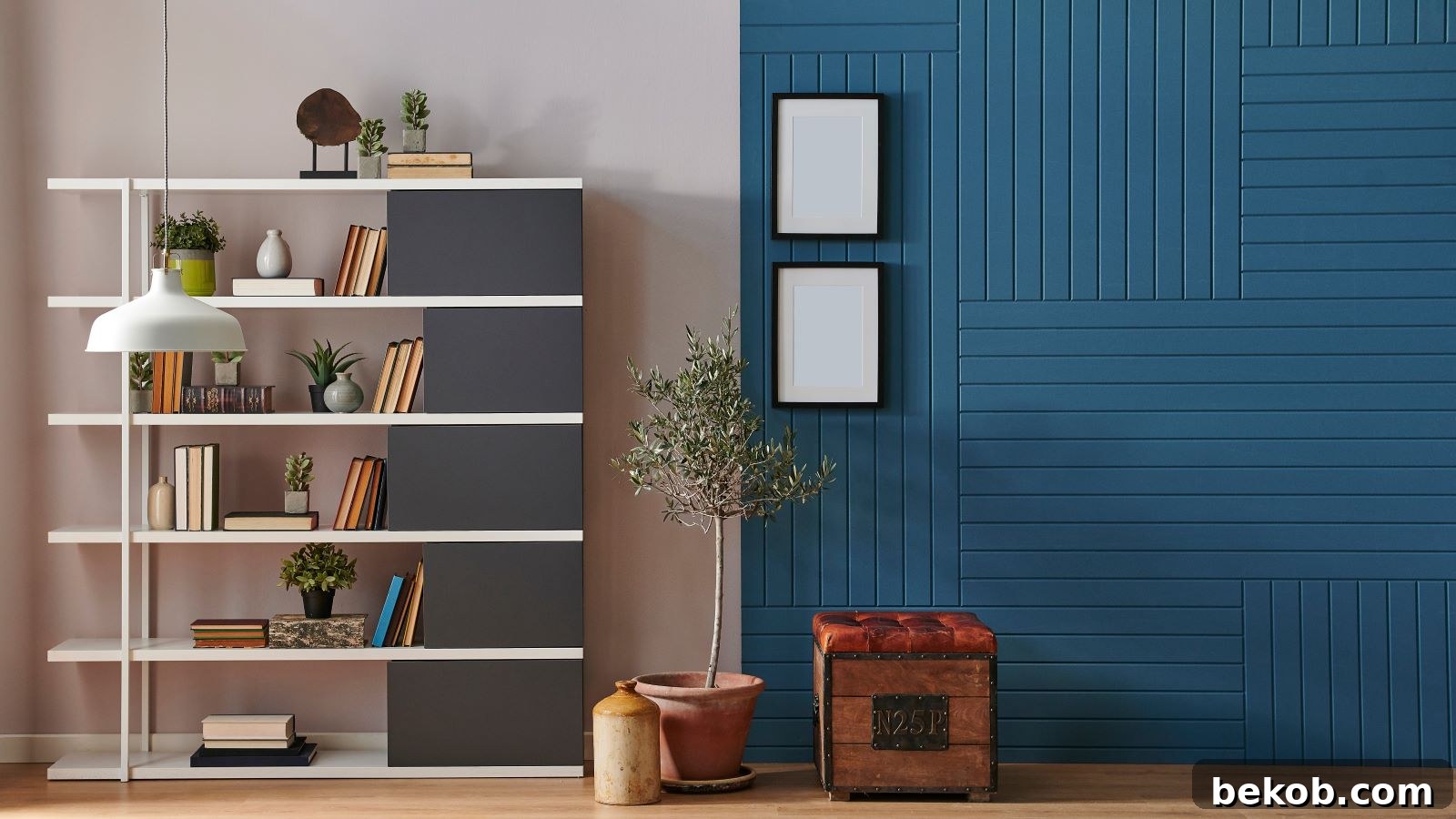 Tall, slim vertical shelf maximizing storage in a compact living room, showcasing efficient use of wall space and drawing the eye upwards to enhance room height.