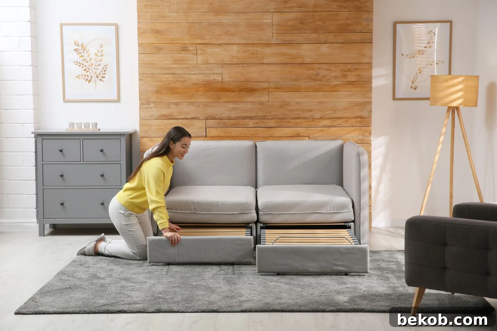 Stylish sofa bed transforming into a sleeping area, demonstrating the utility of multifunctional furniture in a compact living room for versatile use.