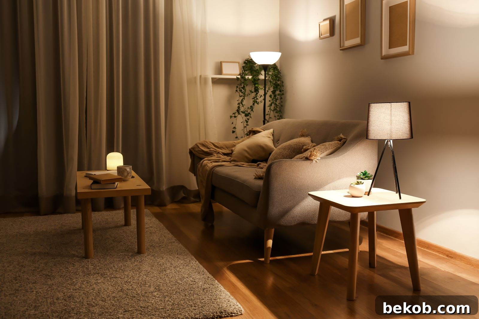 Warm and inviting living room lighting with wall sconces and soft ambient glow, demonstrating effective multi-layered lighting in a small space to create depth and ambiance.