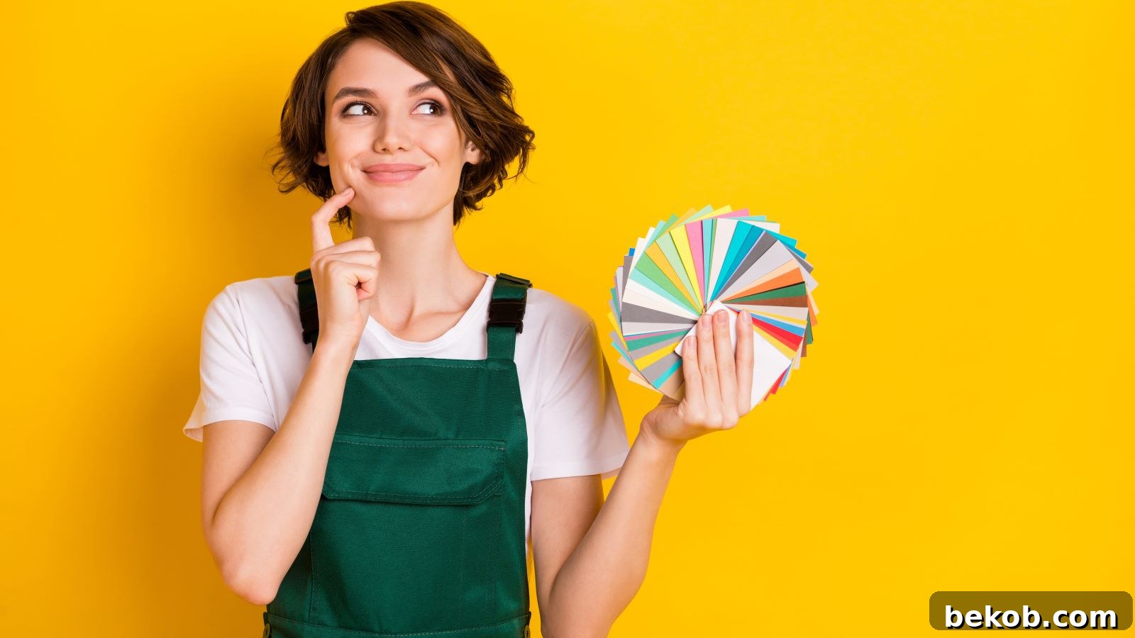 Woman meticulously choosing paint colors from swatches, highlighting the challenge and precision involved in selecting limited color palettes for minimalist design.