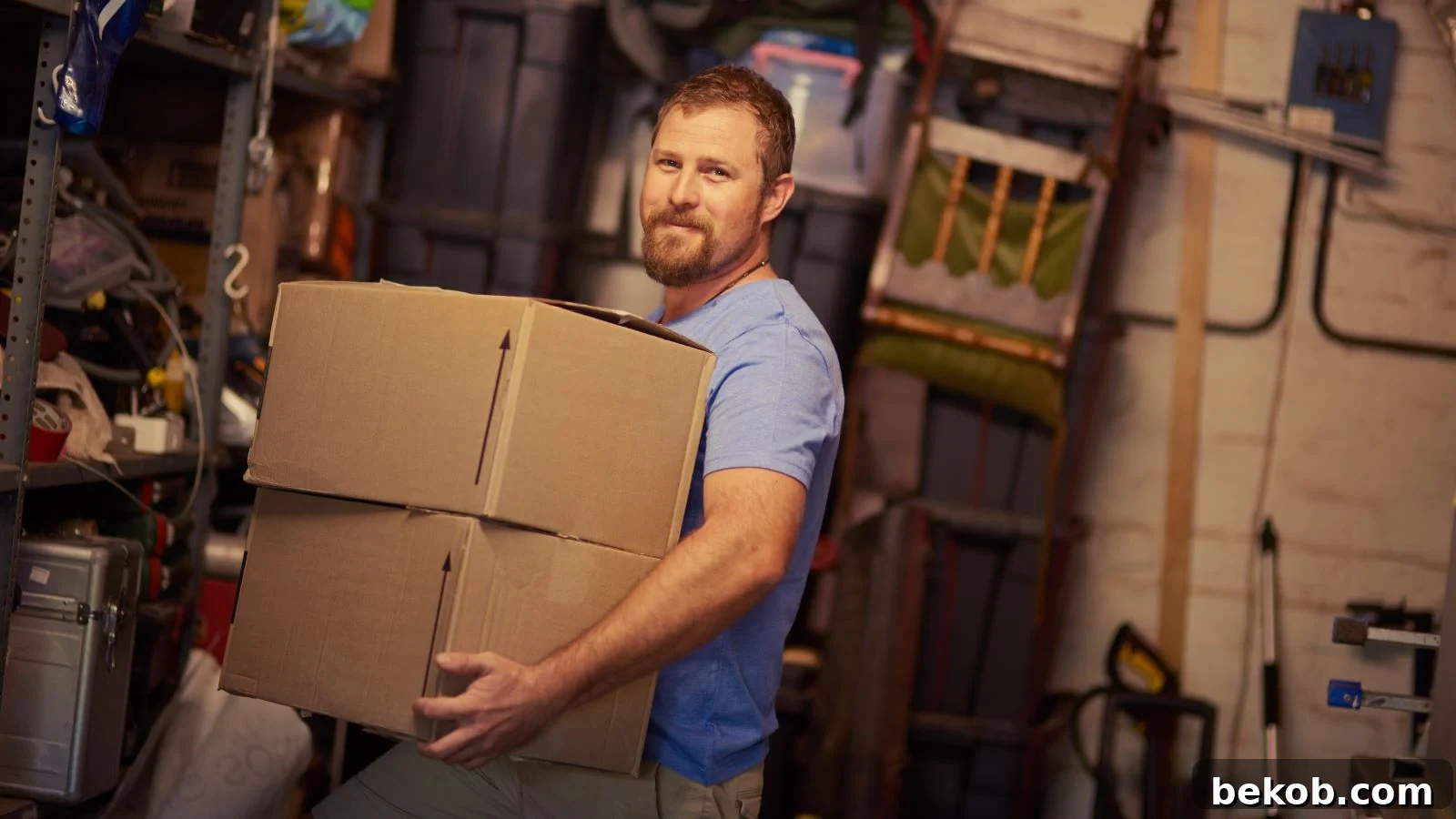Man standing in a cluttered garage contemplating items to discard, providing decluttering tips.