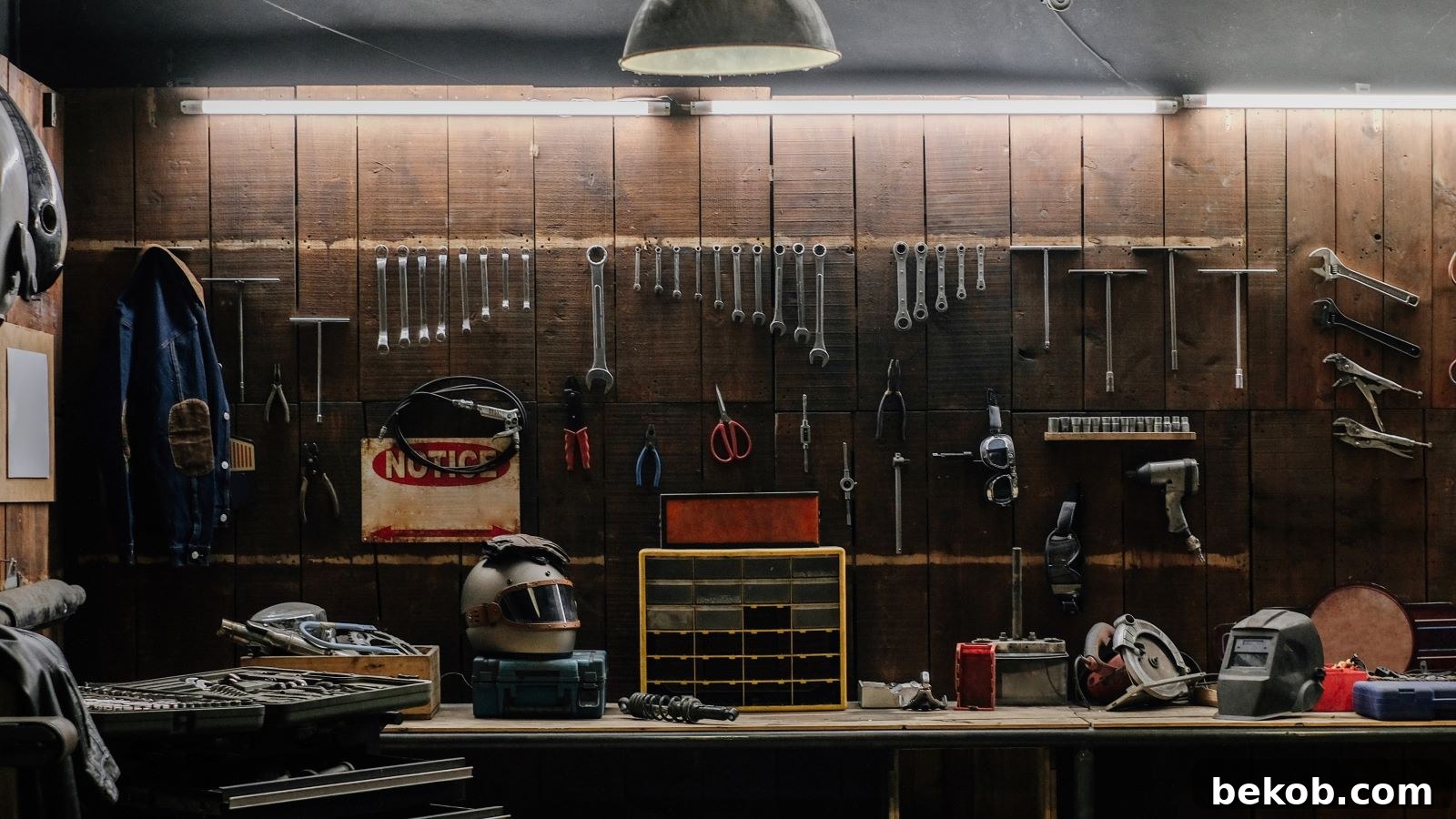 An organized garage with built-in shelving, wall-mounted tools, and clear storage bins, demonstrating efficient garage organization.