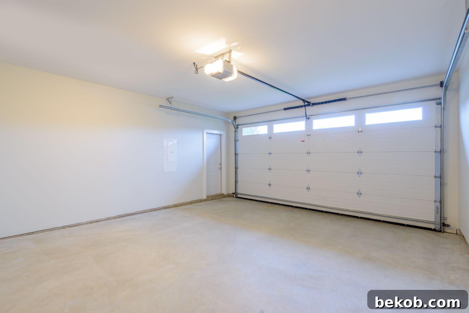 Bright overhead LED lighting and task lighting illuminate a modern, clean garage interior, emphasizing garage lighting design.