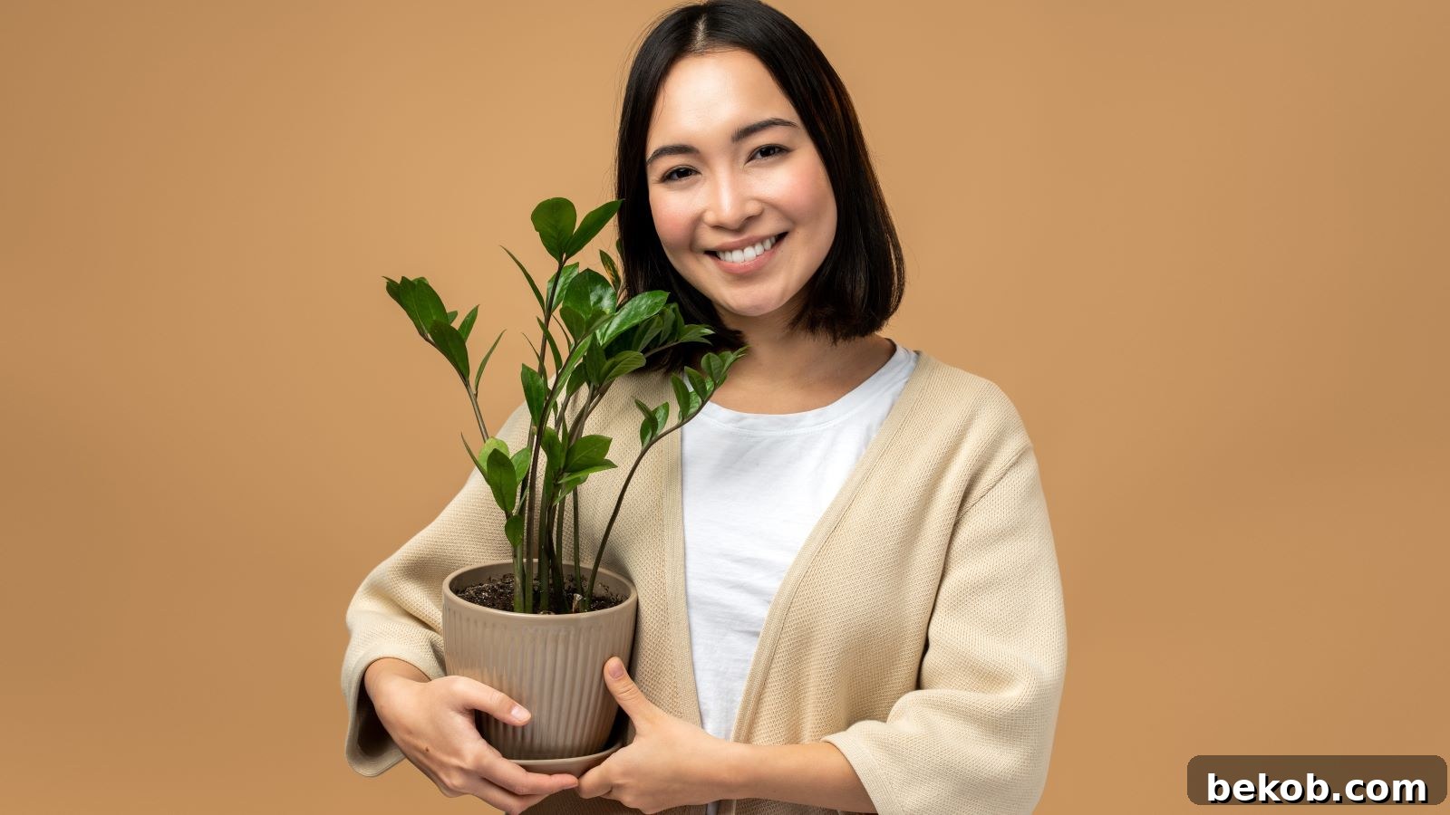 A woman holding a vibrant snake plant, adding greenery to a garage interior for improved air quality and decor.