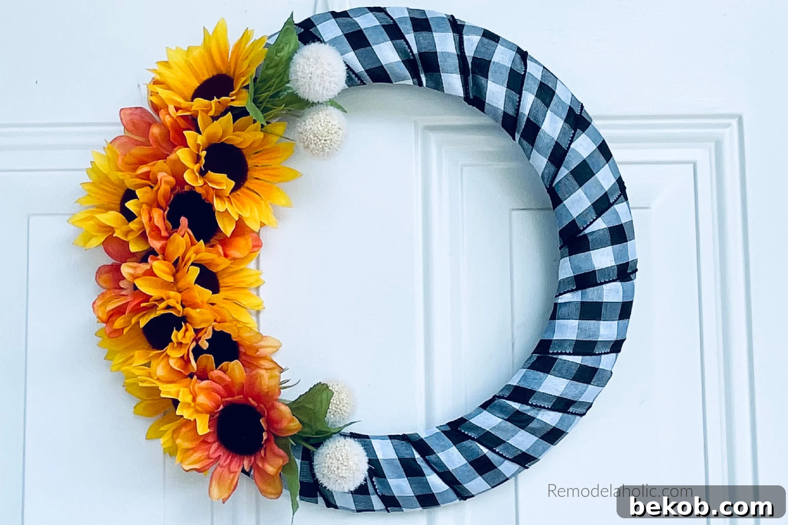 DIY Dollar Tree Sunflower Wreath With Farmhouse Buffalo Check, Remodelaholic