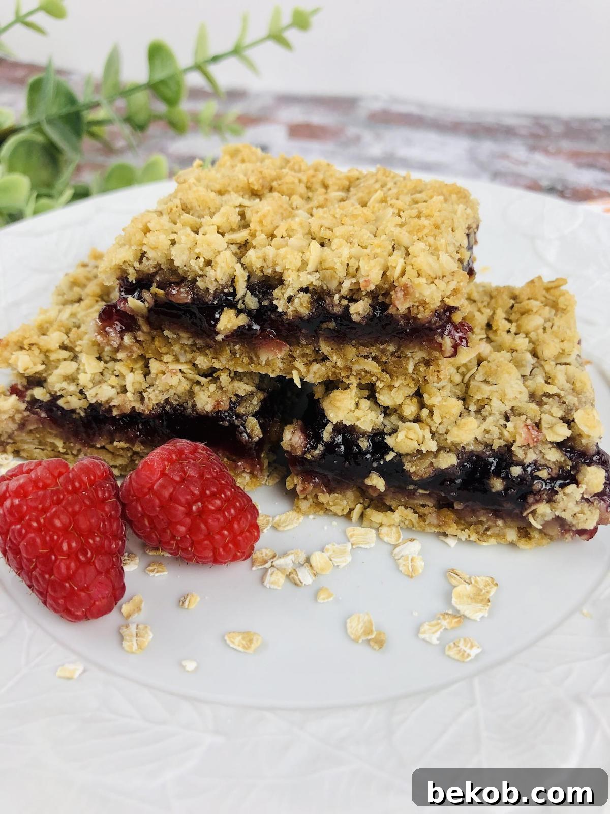 Close-up of a single Raspberry Oatmeal Bar, showing the thick raspberry filling and golden oat crumble.
