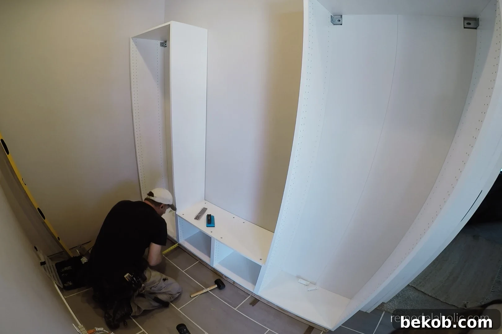 Assemble And Install Ikea Cabinet Frames For Mudroom Bench With Storage, Remodelaholic