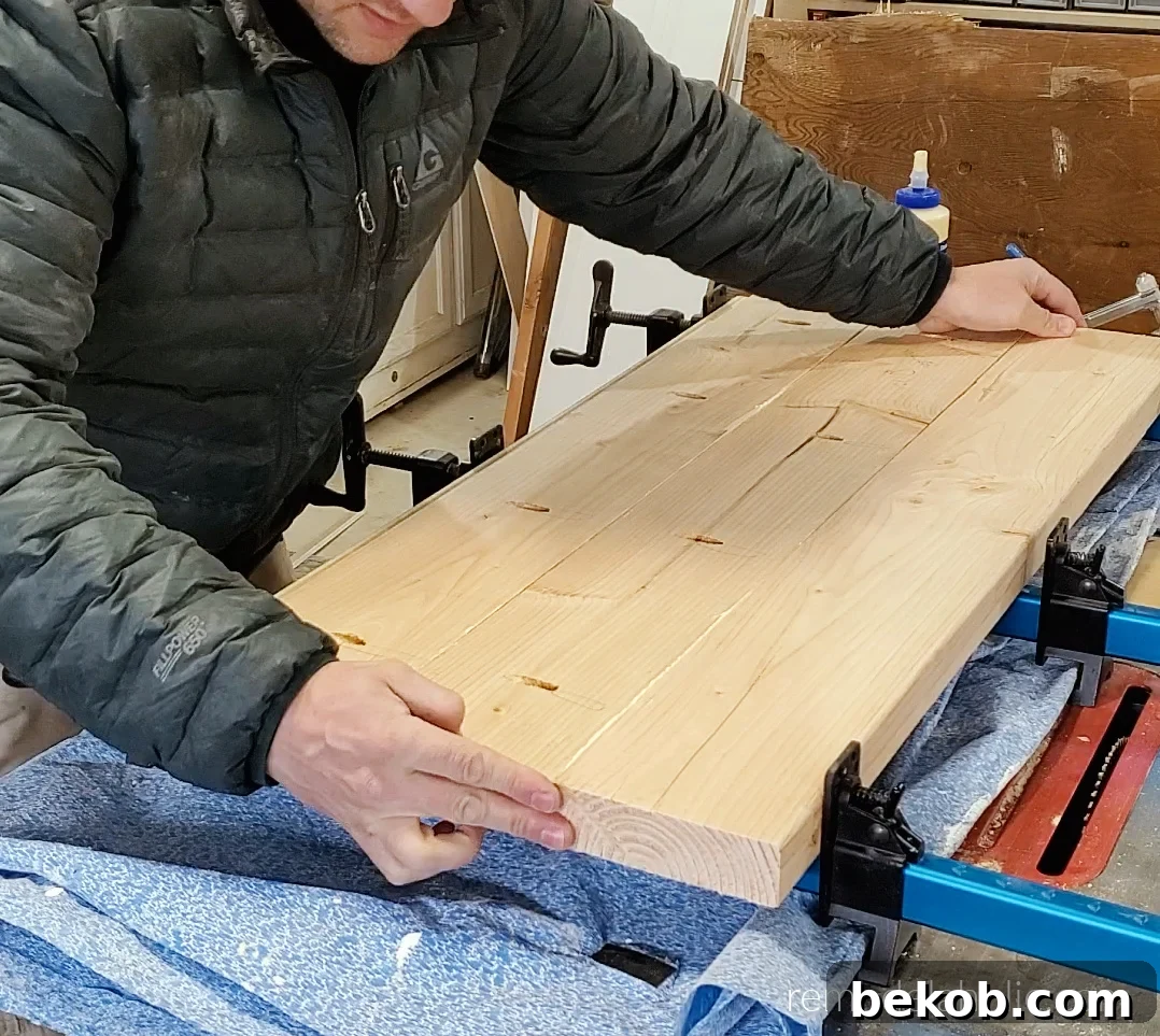Glue And Clamp Edge Join Boards For Mudroom Bench Seat Top And Shelf, Remodelaholic