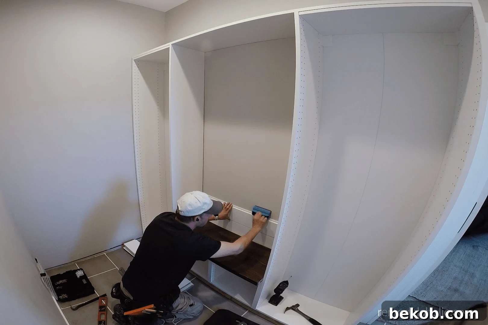 Install Shiplap Behind Ikea Cabinet Mudroom Bench, Remodelaholic