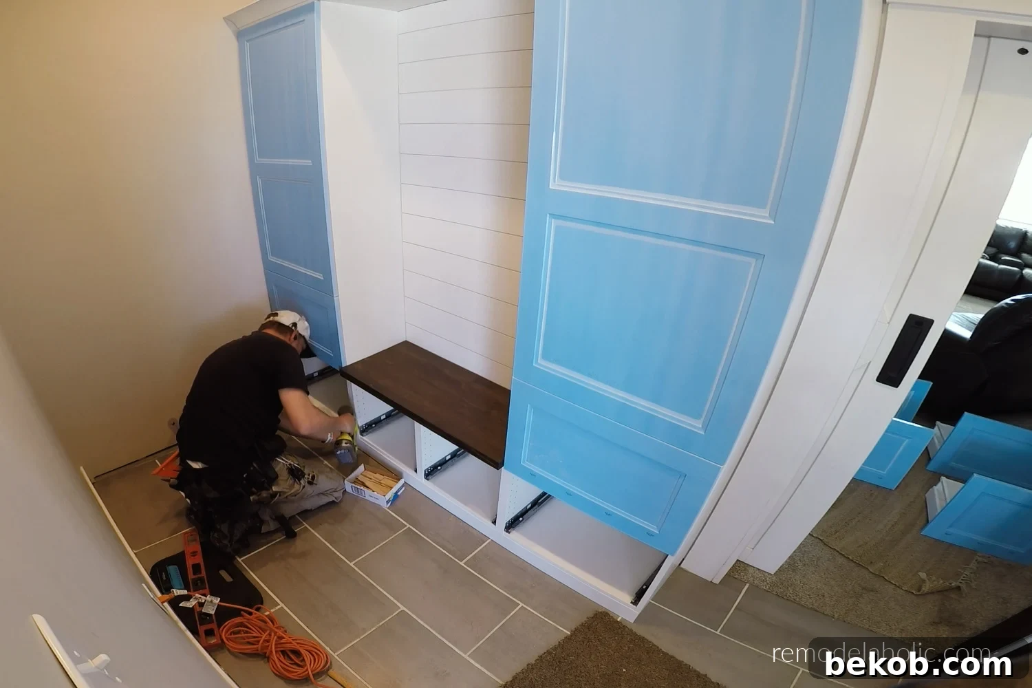 Add Doors And Baseboard Trim To Ikea Cabinets For Mudroom Storage Bench, Remodelaholic