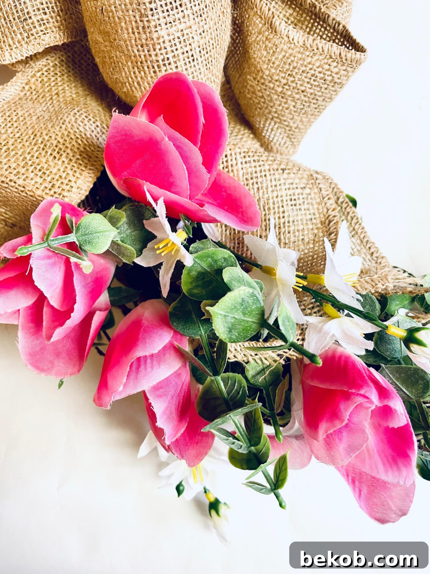 Finishing the Dollar Tree tulip wreath with remaining faux flowers