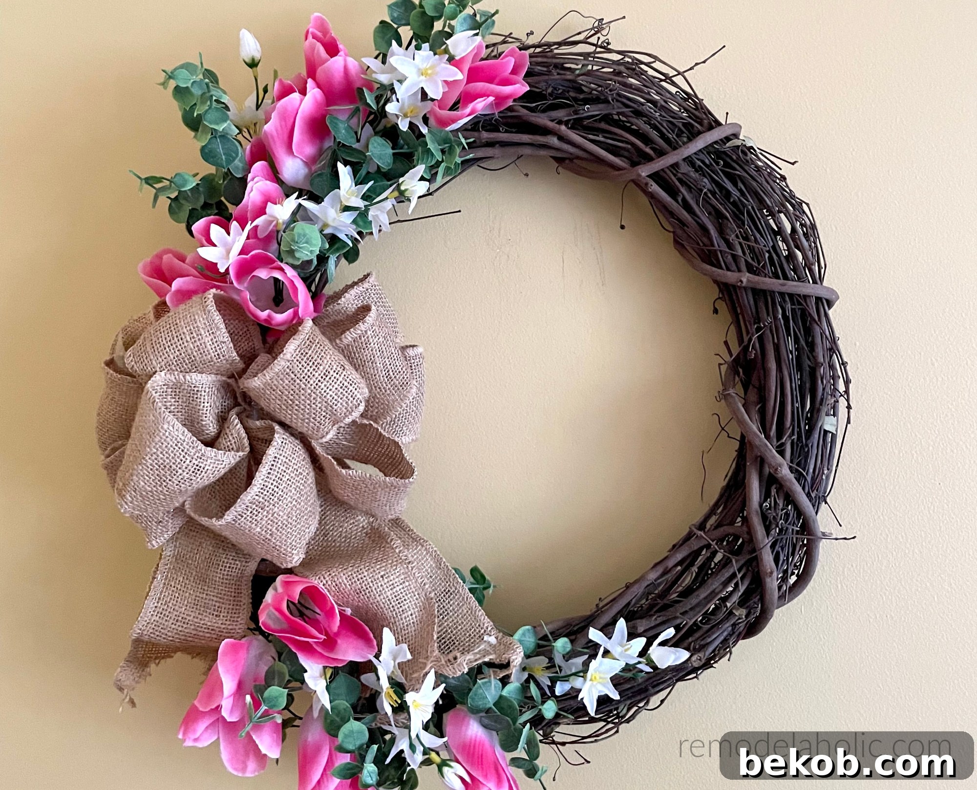 Easy Dollar Tree DIY farmhouse spring wreath with tulips