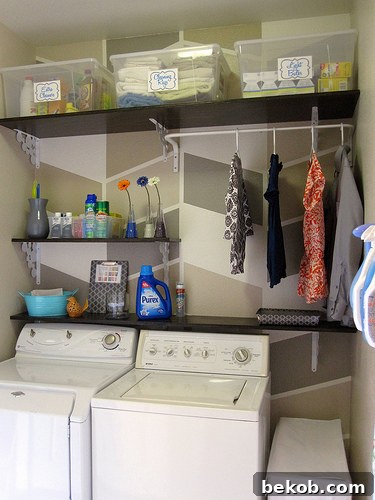 Herringbone Wall Paint In Small Laundry Room