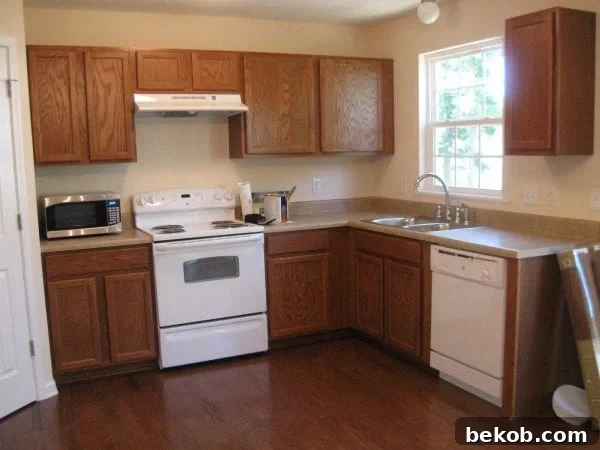 Before kitchen renovation showing green painted cabinets and original oak