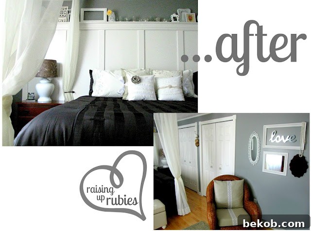 Master bedroom corner with a chair and decor, highlighting the black and white theme
