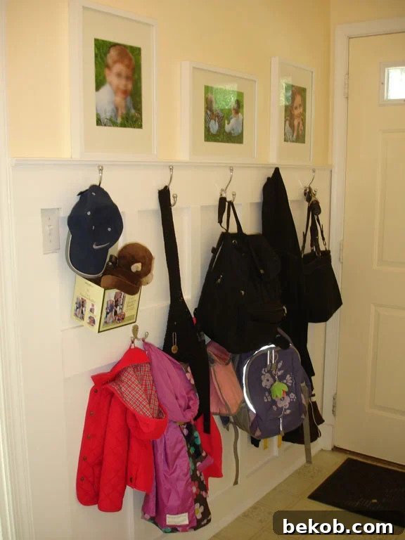 Mudroom with Board and Batten Trim and Hooks