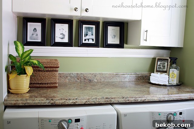 Laundry Room with Monogrammed Curtains and Stylish Shelves