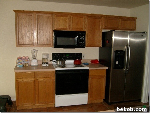 The original kitchen layout featuring the range and refrigerator side, showcasing builder-grade cabinets and a dated aesthetic before any renovation began.