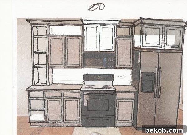 Rough design sketches overlaid on existing kitchen elevations, exploring initial layout changes and design concepts.