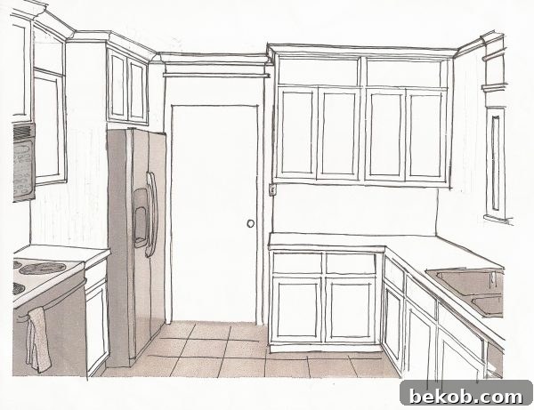 Detailed architectural drawing or plan of kitchen layout with dimensions and design elements.