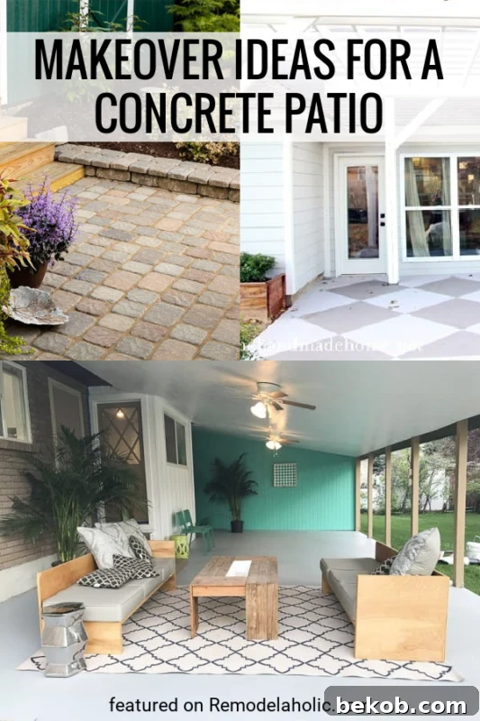 Makeover Ideas For A Concrete Patio Update And How To Dress It Up. Lots Of Great Ideas Featured On Remodelaholic.com - A comprehensive visual guide to concrete patio makeovers.