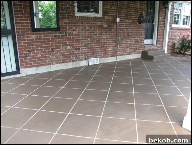 Stained Tile Concrete Patio Makeover, Beneath My Heart - A stunning concrete patio stained to perfectly mimic ceramic tiles.