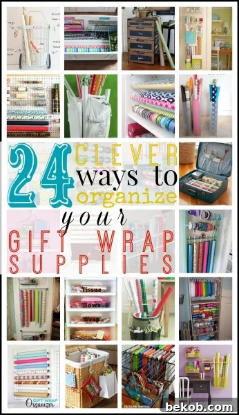 Collage of Gift Wrap Organization Ideas