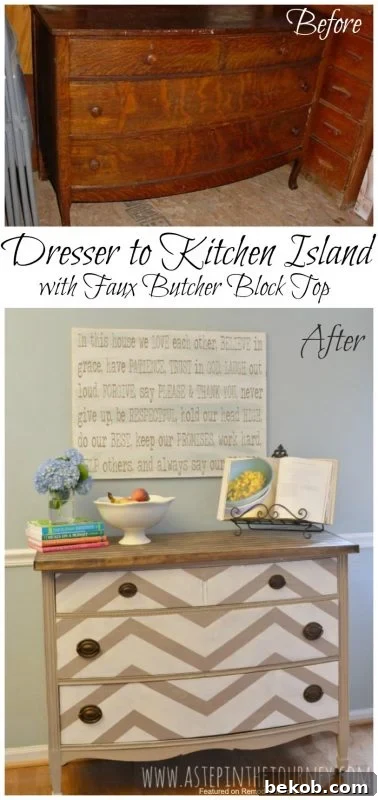 Dresser to kitchen island upcycle with faux butcher block counter top tutorial