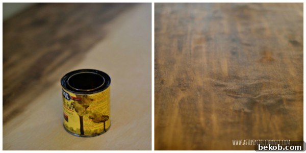 Applying Minwax walnut stain to a DIY faux butcher block kitchen countertop