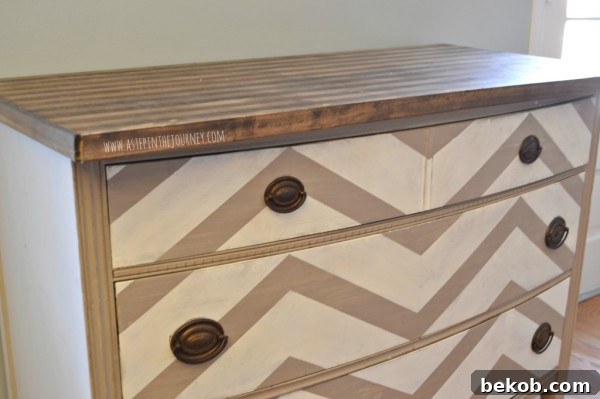 Finished chevron kitchen buffet dresser with striped faux butcher block top, showcasing detail