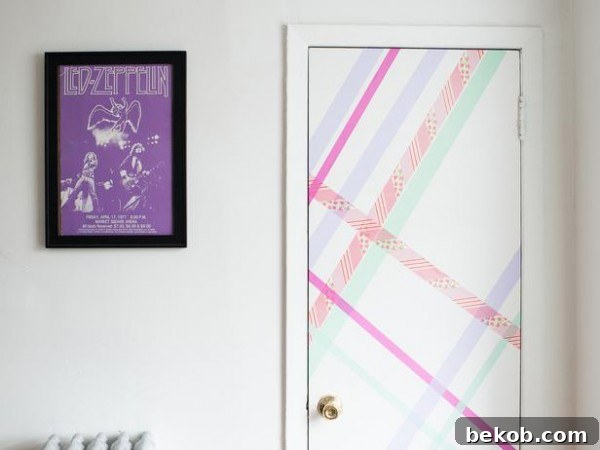 Dynamic Criss-Cross Washi Tape Door Design by HGTV, featuring intersecting lines on a white door
