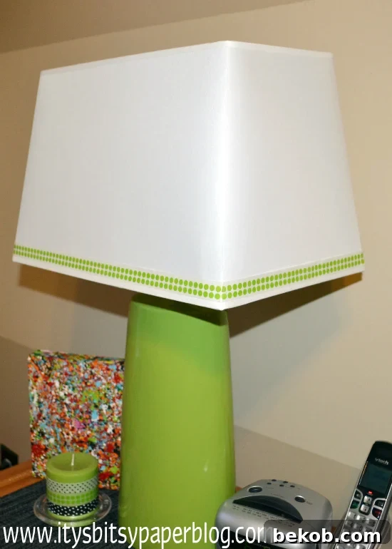 Personalized Washi Tape Lampshade by Itsy Bitsy Paper Blog, with colorful designs on a lampshade