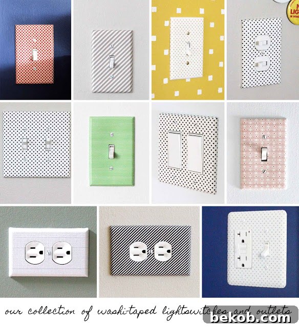 Colorful Washi Tape Switchplate Collection by Crab and Fish, showing various patterned switchplates