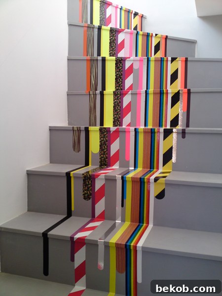 Bold Striped Washi Tape Stairway by Pascal Anson, featuring a colorful striped pattern on stair risers