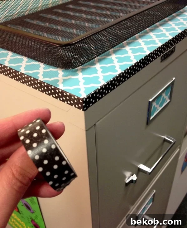 Creative Office Filing Cabinet Makeover with Washi Tape by My Twist on Things, showing a patterned cabinet