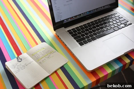 Playful Washi Tape Striped Table Top by Elise Blaha, featuring colorful stripes on a table surface