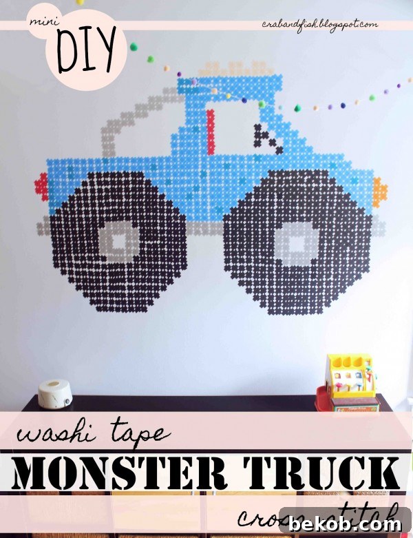 Stunning Washi Tape Cross Stitch Wall Mural by Crab and Fish, depicting a large, pixelated design