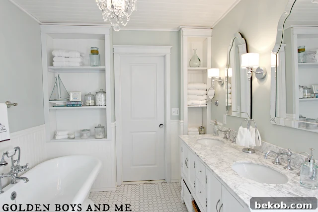 Elegant master bath remodel with built-in shelving